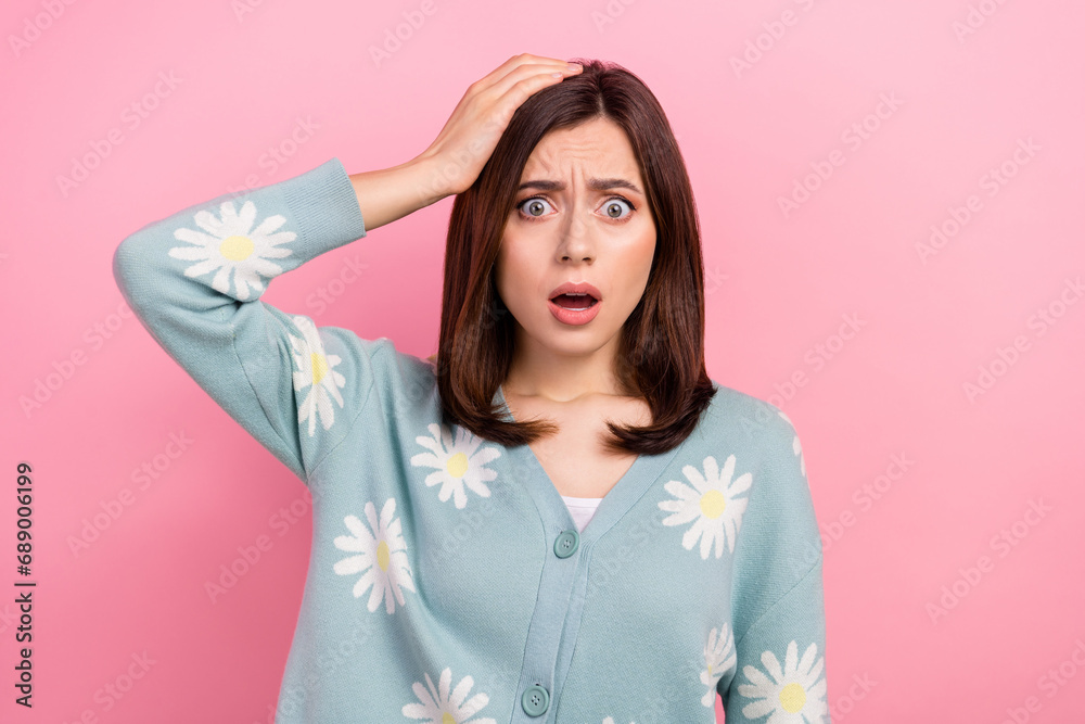 Portrait of charming sad girl touch head confused face forgot important duty fear boss fire her isolated pink color background Portrait of charming sad girl touch head confused face forgot important duty fear boss fire her isolated pink color background