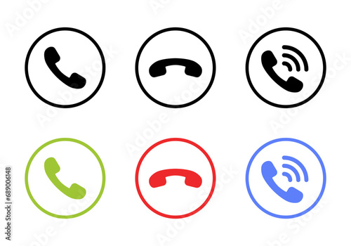 Accept and decline incoming call icon on circle line. Answer, reject, and handset vector photo