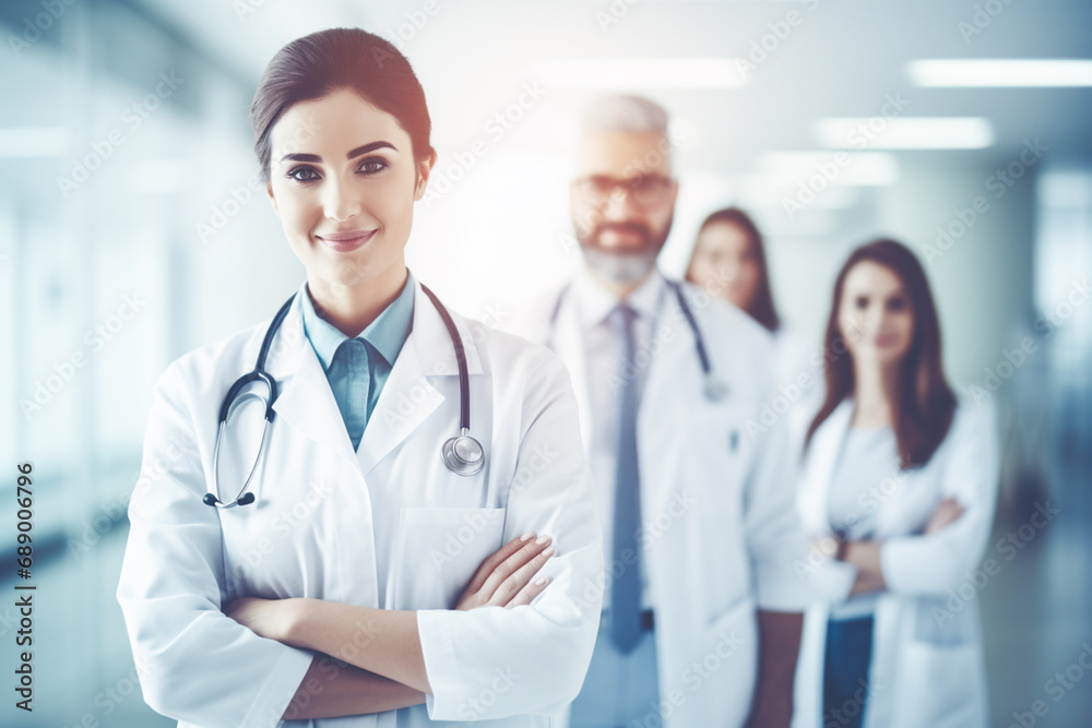 Portrait of medical team standing in hospital corridor. Group of medical doctors in modern clinic.
Portrait of medical team standing in hospital corridor. Group of medical doctors in modern clinic.