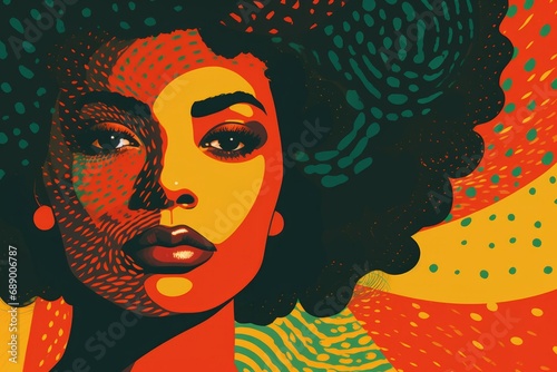 Retro Risograph Art: Striking Portrait of a black woman in red, green yellow colors. Black History Month concept