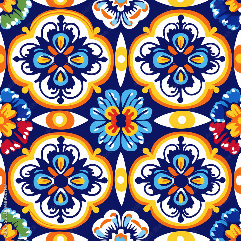Mexican Mosaic Tile Inspired Vector Illustration, Repeating Pattern