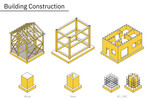 建築構造の図解イラスト、木造・鉄骨・鉄筋コンクリート・鉄骨鉄筋コンクリートのアイソメトリックイラスト