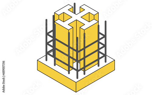 建築構造の図解イラスト、鉄骨鉄筋コンクリート（SRC）のアイソメトリックイラスト