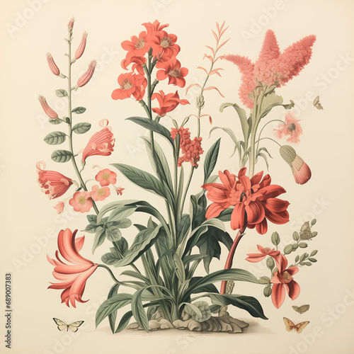 an antique colored botanical print with chinese plants, in a vintage color lithography style