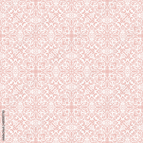 Classic seamless pattern. Damask light pink and white orient ornament. Classic vintage background. Orient pattern for fabric, wallpapers and packaging