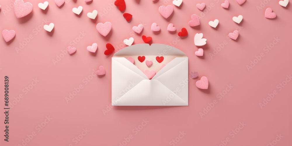 An envelope bursting with hearts on a pink background. An envelope bursting with hearts on a pink background.