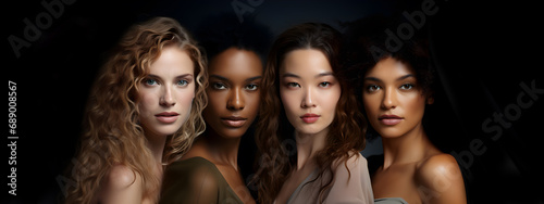Portraits of women's faces from different diverse ethnicites, Beautiful diversity ethnicity, Group of beauty multiracial female models in studio black background