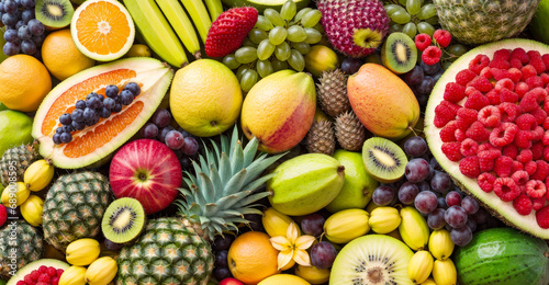 Fresh fruits. Variety of raw fruits. Food background with assortment of fresh organic fruits. Horizontal pattern from healthy fruits  copy space. Top view banner.