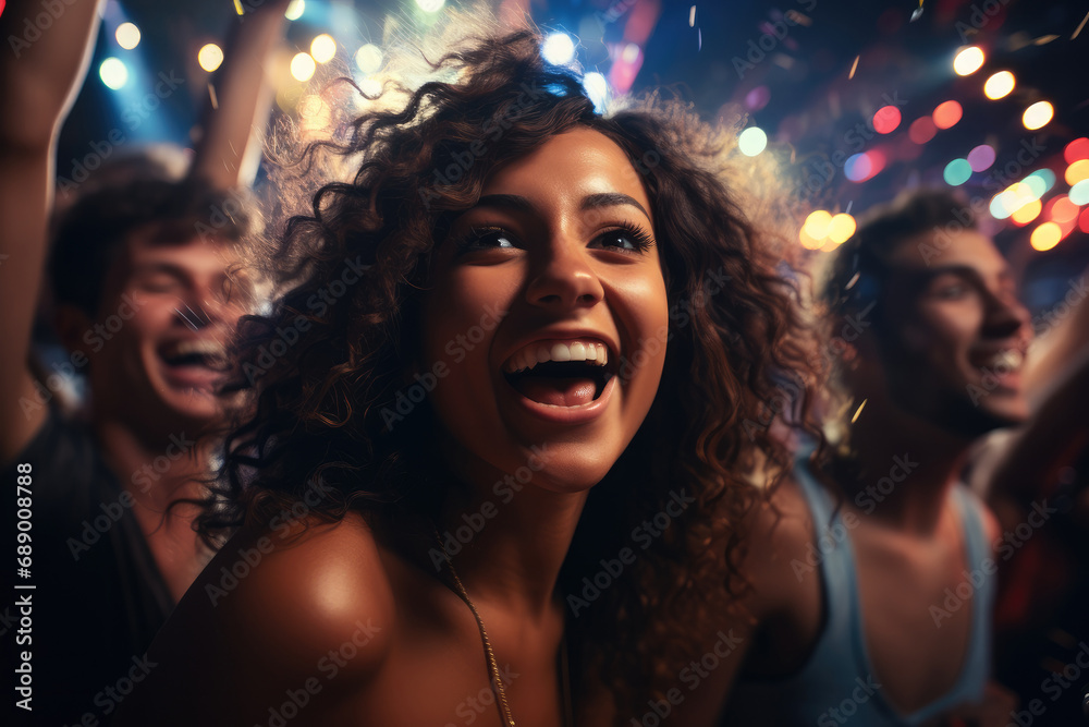 A group of multiracial friends happily celebrating at an outdoor nightclub.