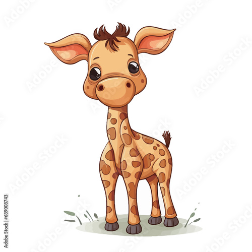 Cute baby giraffe with balloons and flowers. Vector illustration.