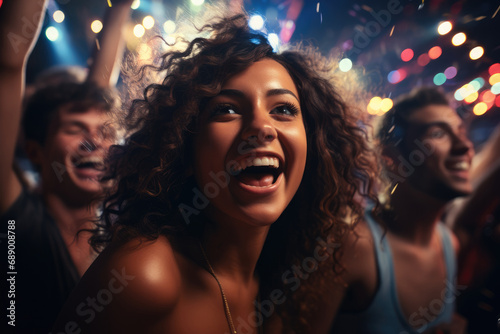 A group of multiracial friends happily celebrating at an outdoor nightclub.