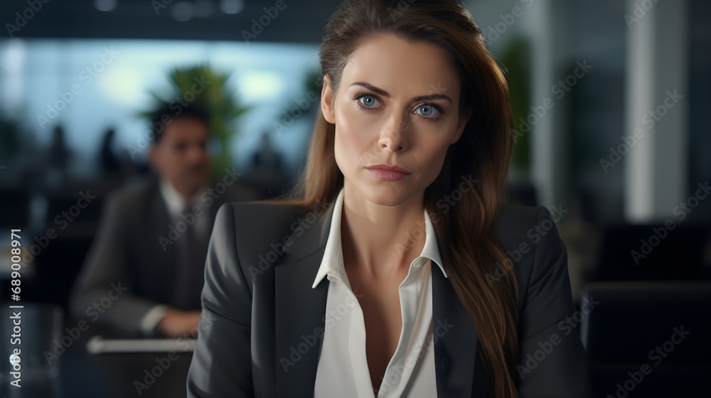 A close-up image showcasing the confident and determined expression of a successful businesswoman during a boardroom meeting, background image, generative AI A close-up image showcasing the confident and determined expression of a successful businesswoman during a boardroom meeting, background image, generative AI