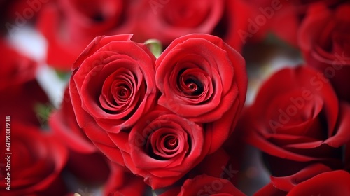 Close-up details of a carefully arranged bouquet of red roses forming a heart shape against a Valentine s Day background  background image  generative AI