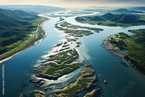 The confluence of river and ocean, Aerial view. photo