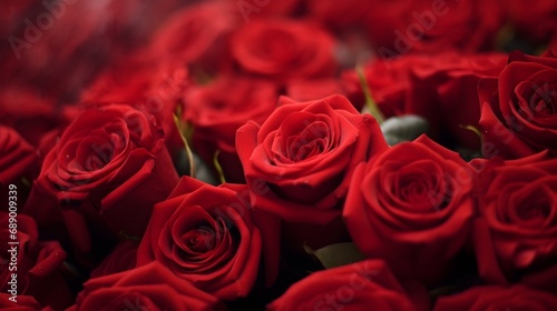 Close-up image showcasing the velvety texture and vibrant red hues of individual rose petals  background image  generative AI