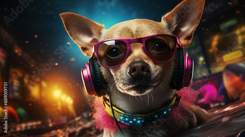 Close up portrait of chihuahua Dog in headphones, dog DJ at the party. The concept of listen to music, enjoy the party, disco. Dance party photo