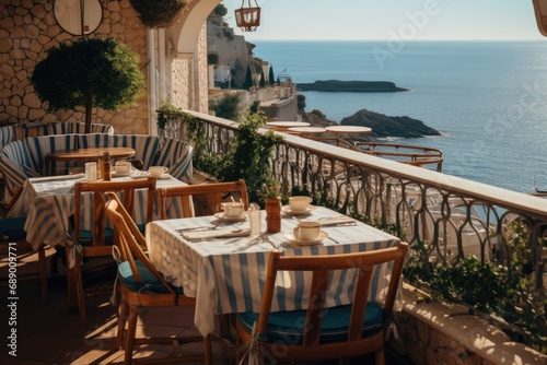 A cosy restaurant balcony with a sea view.