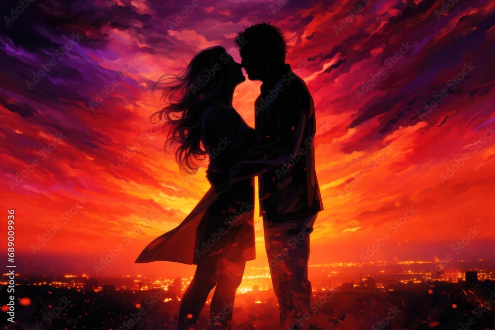 Fiery dusk sky backdrop with couple sharing intimate silhouette. Passionate moments.
