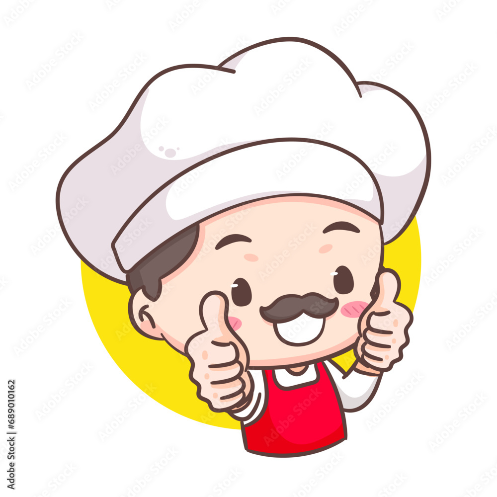 Cute chef thumb up logo mascot cartoon character. People professional concept design. Chibi flat vector illustration. Isolated white background. Cute chef thumb up logo mascot cartoon character. People professional concept design. Chibi flat vector illustration. Isolated white background.