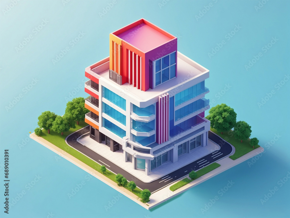 3d rendering isometric building Isolated on gradient background. home and office building.  3d rendering illustration.