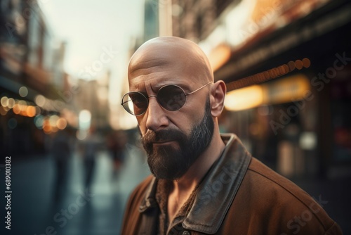 Senior bearded bald man on urban street. Stylish adult man wearing sunglasses on city avenue. Generate ai photo