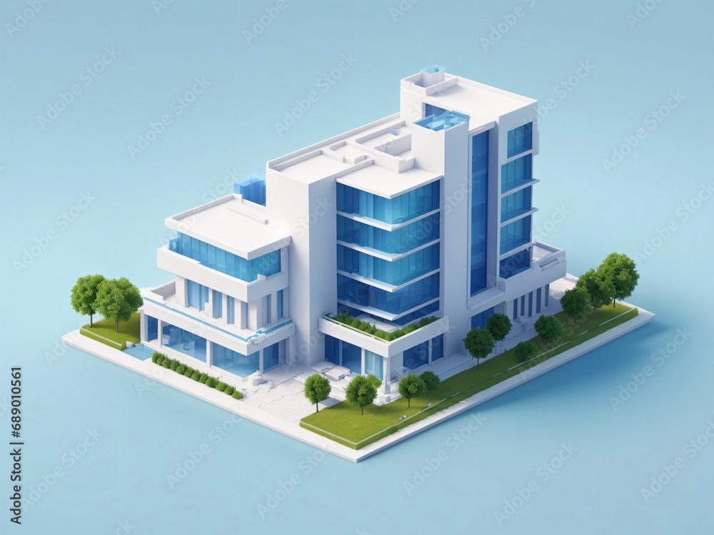 3d rendering isometric building Isolated on gradient background. home and office building.  3d rendering illustration.