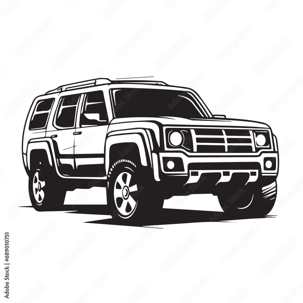 SUV in cartoon, doodle style. Isolated 2d vector illustration in logo, icon style, Eps 10, black and white. AI Generative