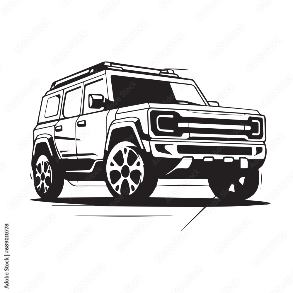 SUV in cartoon, doodle style. Isolated 2d vector illustration in logo, icon style, Eps 10, black and white. AI Generative