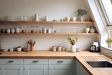 A nice tidy kitchen with a wooden kitchen counter and white walls.