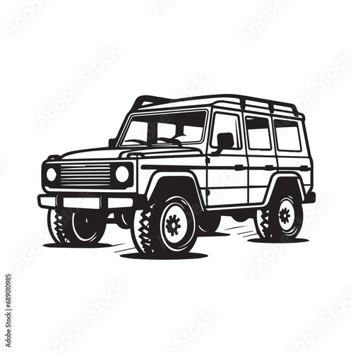 SUV in cartoon, doodle style. Isolated 2d vector illustration in logo, icon style, Eps 10, black and white. AI Generative