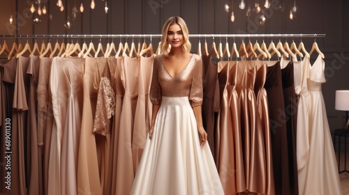 Women designers near luxury dresses several on a hanger in shop.
