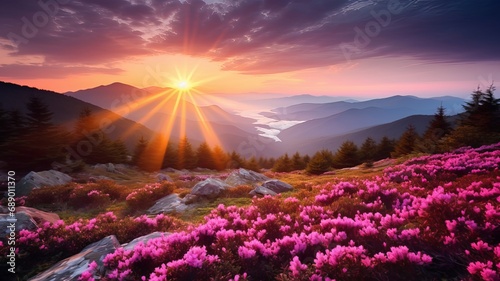 Breathtaking nature scenery during sunset. Scenic image of fairy-tale highland in sunlit. Incredible foggy morning in mountains with amazing pink rhododenndron flovers. Picture of wild area. postcard