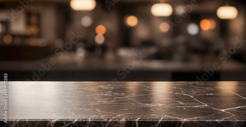 Black marble bar counter top with blank space product mockup. on dark blurred background of restaurant or bar. Blurred lights in background. product placement