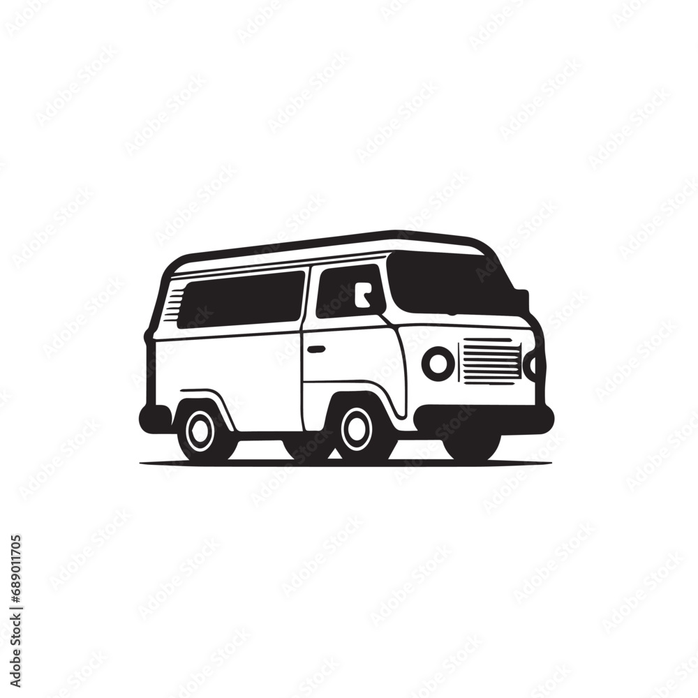 VAN in cartoon, doodle style. Isolated 2d vector illustration in logo, icon style, Eps 10, black and white. AI Generative