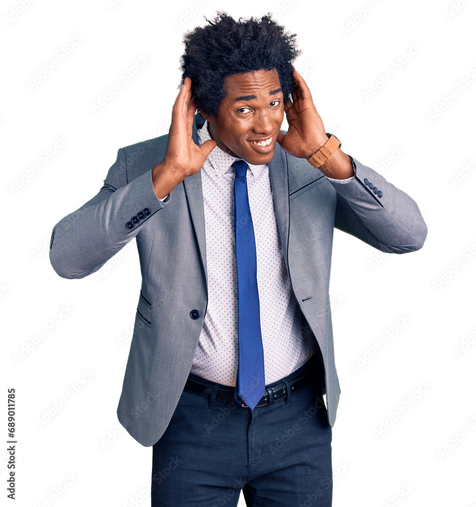 Handsome african american man with afro hair wearing business jacket trying to hear both hands on ear gesture, curious for gossip. hearing problem, deaf Handsome african american man with afro hair wearing business jacket trying to hear both hands on ear gesture, curious for gossip. hearing problem, deaf