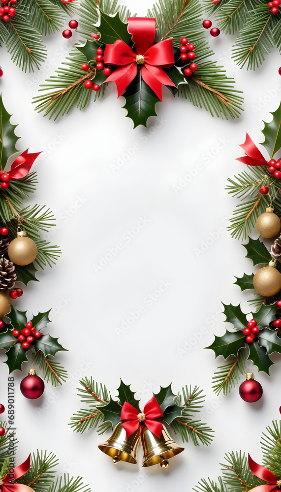 Holly and Christmas tree border, small bell decoration and copy space in the center, Christmas card design