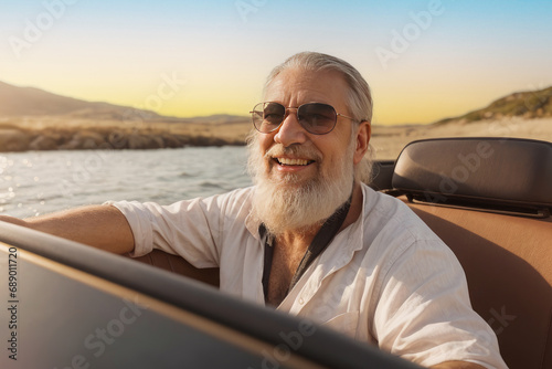 elderly man with gray beard is happy and enjoys ride in convertible car along coast sea. active and happy old age. active seniors
