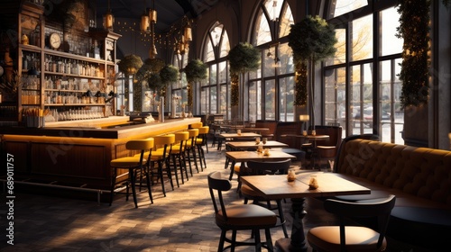 Bar cafe interior design, Romanticized views, Dark yellow and light brown.