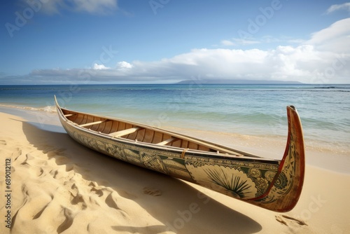 Traditional outrigger Hawaiian canoe on the sand. Exotic floating boat on coastal ocean beach. Generate ai photo