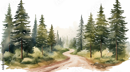 Conifer forest with a path in watercolor clipart style photo