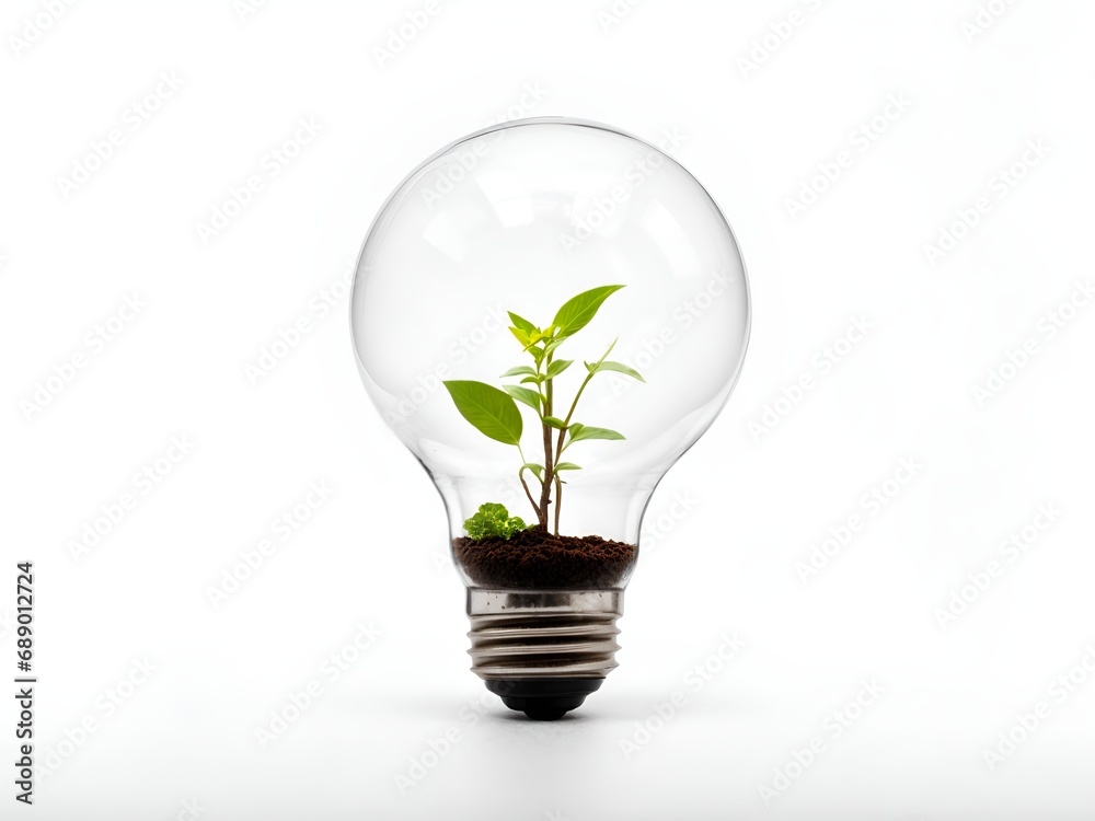 A light bulb filled with soil and a small, sprouting plant A light bulb filled with soil and a small, sprouting plant
