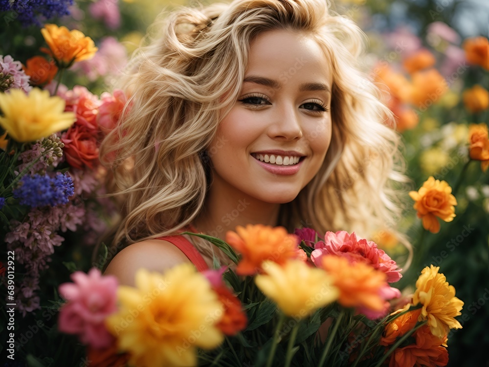 a beautiful girl embracing a bouquet of colorful spring flowers a beautiful girl embracing a bouquet of colorful spring flowers