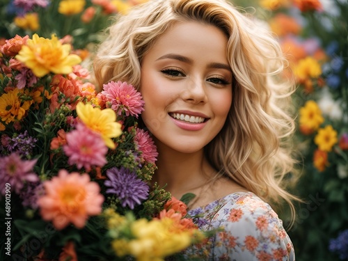 a beautiful girl embracing a bouquet of colorful spring flowers