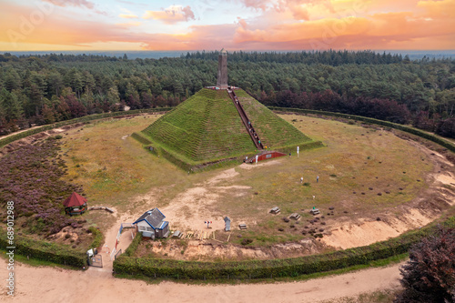 Aerial from the pyramid from Austerlitz, amonument dedicated to Napoleon Bonaparte, situated in the Netherlands at Utrechtse Heuvelrug at sunset photo