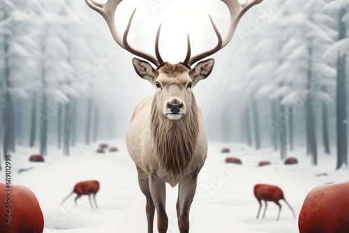 The red nosed reindeer on a winter landscape.