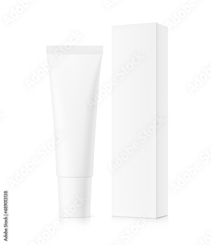 Blank plastic tube mockup for cosmetics with paperboard box packaging. Front view. Vector illustration isolated on white background. Can be use for your design, advertising, promo and etc. EPS10.