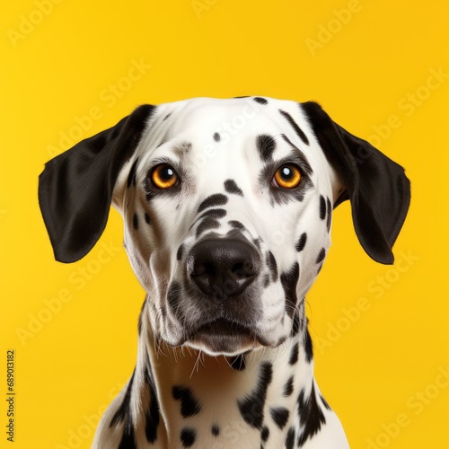 A close-up shot of a Dalmatian stands out against a vibrant yellow background © crazyass