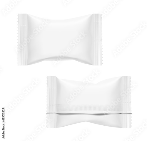 Realistic layouts of flow packaging for bars, candies, waffles. Front and rear views. Vector illustration on white background. Easy to use for presentation your product, idea, design. EPS10.