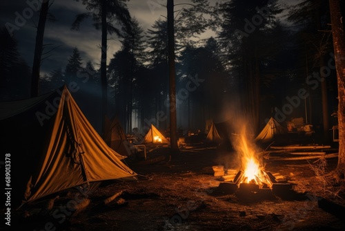 Tents in a dark forest around a campfire.