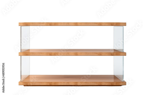 Modern Wooden and Glass Retail Display Shelves Isolated on White Background